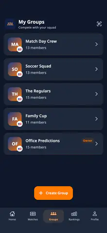Kickgeist on a phone: five prediction groups in a list, each a monogram tile with a name and a member count, over a button that creates another.